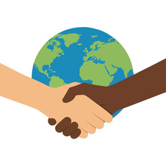 A global handshake symbolizes unity and international harmony.