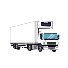 A white refrigerated semi-truck, angled, is presented against a pure black background.  The truck is depicted in a simple, cartoonish style, with a large refrigerated compartment and a prominent cab.