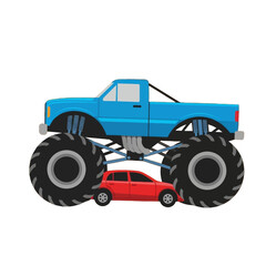 A vibrant blue monster truck dwarfs a small red car against a bold black backdrop.