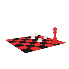 A red queen piece stands poised on a checkered  board, surrounded by white pieces, against a black background.