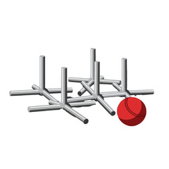 A stylized illustration of metal poles arranged in a complex pattern, with a red ball positioned amidst them.