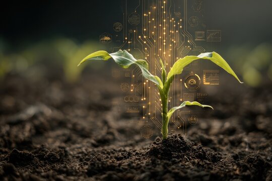 Maize seedling growing in nutrient-rich soil with digital technology elements highlighting agricultural innovation
