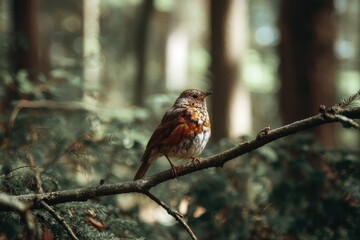 Bird perched on a branch in a serene forest setting during daylight, showcasing vibrant feathers and natural habitat details