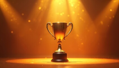 Golden trophy sits on illuminated stage podium under spotlights. Celebrate victory, achievement, success at awards ceremony gala night. Glossy metallic prize win recognition, with copy space on