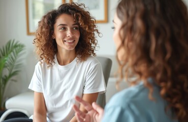 Two women engage in discussion in bright medical office. One doctor consults with patient, offering advice, therapy. Friendly interaction signifies positive healthcare experience, patient wellness.