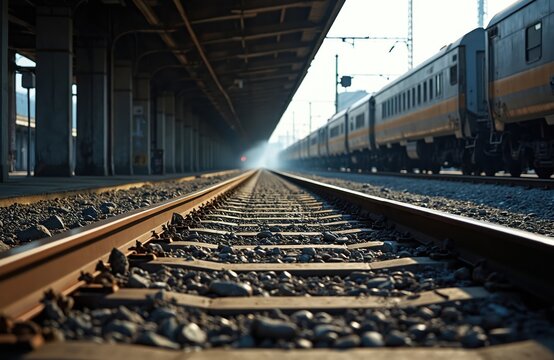 Perspective view of railway tracks beneath covered station platform. Concrete pillars support roof structure. Train cars visible on parallel tracks. Gravel, ballast surround rails, creating textured