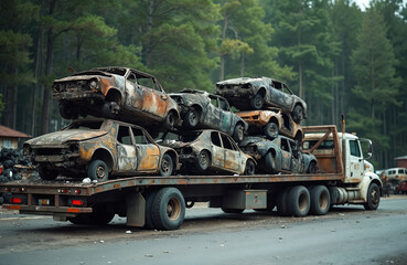 Flatbed tow truck transports multiple wrecked, burnt-out cars stacked high. Vehicles await recycling dismantling in junkyard setting. Offers visual representation of auto salvage, parts recovery,