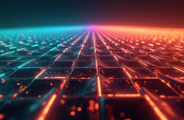 Abstract digital grid with glowing lines in red, cyan hues. Textured, reflective surface with futuristic, technological feel. Pattern recedes into distance, creating depth. Represents data, network,