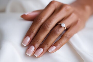 Woman displaying a classic french manicure with a stunning engagement ring on a soft white surface during daylight