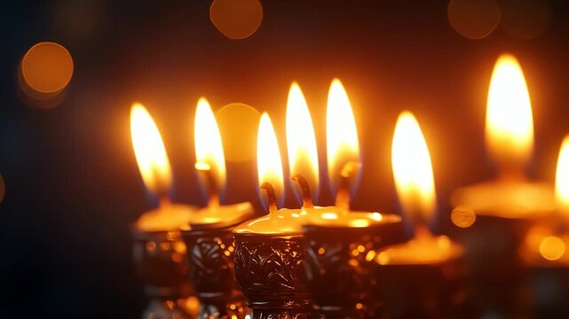 A closeup of a Hanukkah menorah with lit candles against a bokeh background