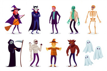Vibrant Collection of Classic Halloween Characters Witches, Vampires, Zombies, and Ghosts