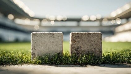Two light gray concrete blocks, situated on a grassy field at the edge of a stadium
