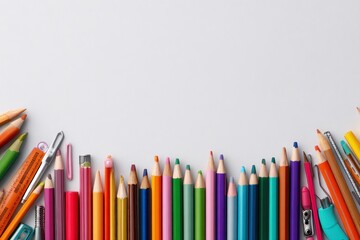 Fototapeta premium Colorful art supplies arranged on a white background with a border of colored pens enhancing creativity and artistic expression for passionate artists and hobbyists