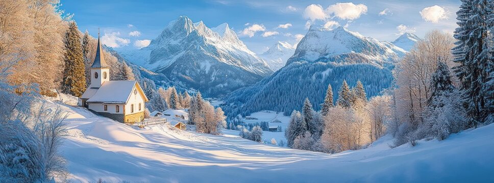Snow-covered chapel surrounded by frosted trees in a serene winter mountain landscape under a clear blue sky during sunrise