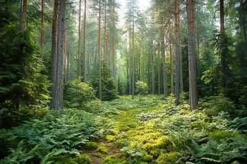 Obraz premium Lush green forest with tall pine trees and a moss-covered ground bathed in soft sunlight creating a peaceful natural scene