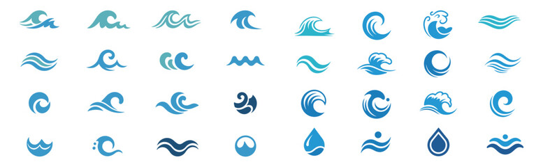 Fototapeta premium Collection of Blue Wave Icons and Water Droplet Symbols ocean surf