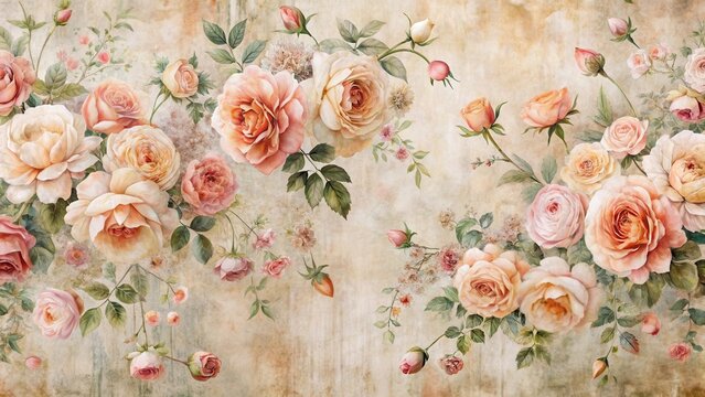 Distressed Peach and Pink Roses Floral Wall Mural - Powered by Adobe