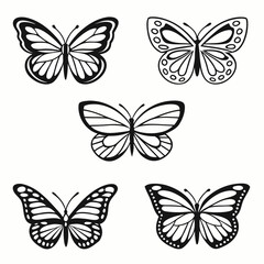 Collection of five stylized black and white butterfly silhouettes with intricate wing patterns