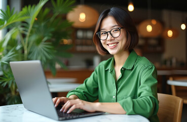 Smiling Asian woman with glasses types on laptop at cafe table. Wears green shirt, works indoors. Scene captures modern remote work, education, digital communication in relaxed lifestyle setting.