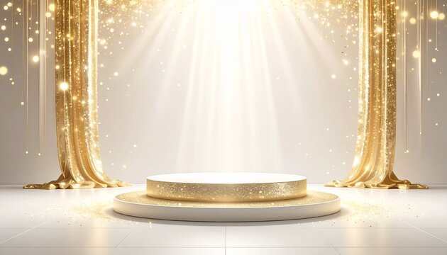 ナンバーワンや優勝の背景に使える　高級感ある光に包まれた白いステージとゴールドの光が輝く背景素材