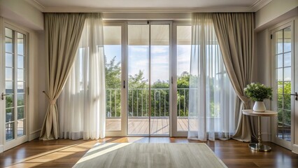 Fototapeta premium Elegant Glass Balcony Door with Flowing Curtain in Natural Light