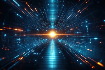 Obraz premium Futuristic glowing tunnel with dynamic blue and orange light streaks converging towards a bright central point, evoking a sense of speed and technological advancement