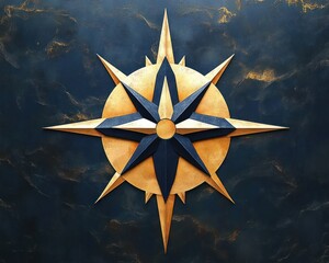 Metallic eight-point compass rose in gold and dark blue on textured dark background emitting classic navigation theme and a sense of direction