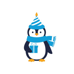 A cheerful penguin, adorned with a party hat, blue scarf, and a gift, stands out against a plain black background.