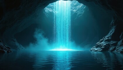 Futuristic digital waterfall cascades within mystical cave, reflecting in still water. Binary code streams create ethereal glow against dark, rocky walls. Science fiction, technology, innovation,