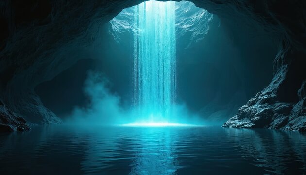 Futuristic digital waterfall cascades within mystical cave, reflecting in still water. Binary code streams create ethereal glow against dark, rocky walls. Science fiction, technology, innovation,