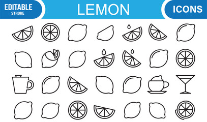 Minimal outline lemon icons set with wedges, drops, cocktails, and citrus food ingredients