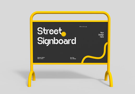 Urban Barricade Street Signboard Mockup with Yellow Frame