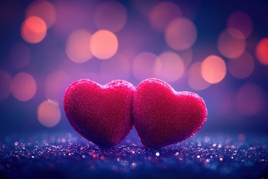 Two glittery red hearts leaning against each other on a sparkling surface with soft glowing bokeh lights in the background, evoking feelings of love and togetherness