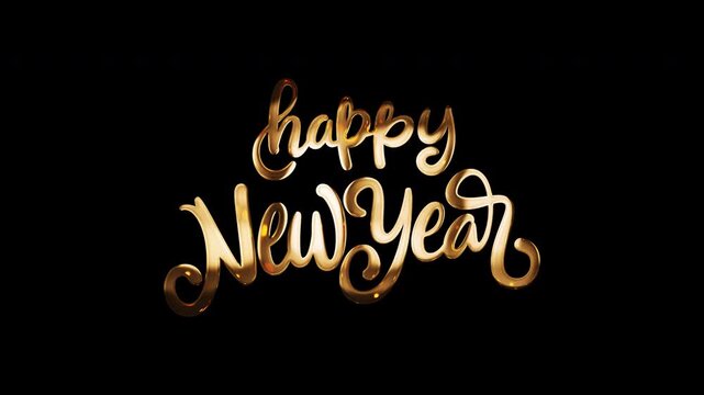 Happy New Year golden shine flickering text animation on black abtract background. Happy New Year text with looping flickering gold glowing light texture.Isolated with alpha channel quicktime prores 4