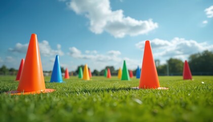 Colorful sports cones arranged in rows on green grassy field under clear blue sky with white clouds. Orange, red, blue, green, yellow cones visible, used for athletic training drills, soccer