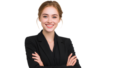  a beautiful businesswoman in a black suit, smiling with her arms crossed, isolated on a transparent background