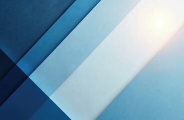 Abstract geometric background with overlapping blue, white planes. Clean design features diagonal lines, bright light source on right side, creating modern, pro template suitable for various