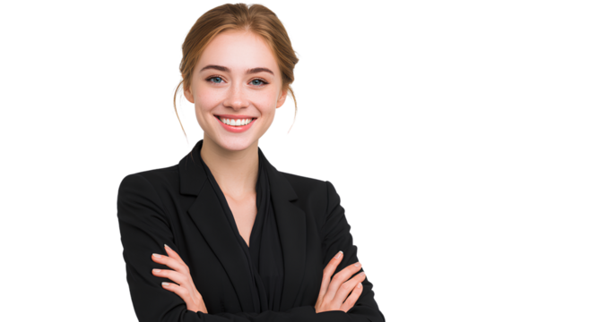  a beautiful businesswoman in a black suit, smiling with her arms crossed, isolated on a transparent background
