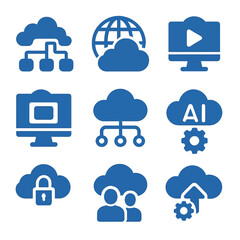 Obraz premium Digital cloud computing icons set with tech elements and blue gradient design