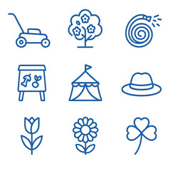 Outline garden icons: lawn mower, tree, party tent, and more