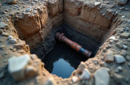 Exposed water sewer pipes laid in dug pit for underground infrastructure repair. Construction site shows excavation for pipeline installation, plumbing upgrade, and canalization system maintenance.
