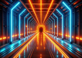 Neon tunnel with vibrant orange lines glowing softly through the darkness