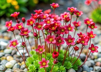 Delicate red saxifrage flowers blooming in alpine garden amidst lush greenery and pebbles