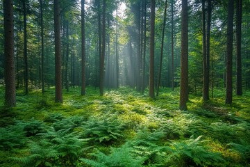 Fototapeta premium Sunlight streaming through tall pine trees onto a lush green fern-covered forest floor creating a peaceful and serene atmosphere