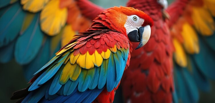 Close-up portrait of vibrant macaw parrot with brilliant red yellow blue feathers. Feather patterns show intricate detail. Second macaw bird blurred background. Exotic avian wildlife in tropical