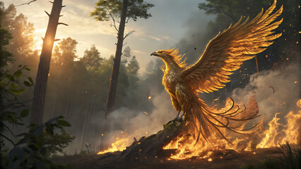 Golden Phoenix Rising from Forest Fire:  Mythical Creature, Fantasy Art, Dramatic Sunrise