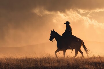 Silhouette of a cowboy riding a horse against a dramatic sunset in an open field during a beautiful evening