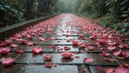 Soft Rain on Rose Petals Scattered on Stone Path