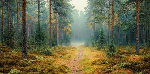 Fototapeta premium Foggy forest path surrounded by tall pine trees and dense autumn undergrowth creating a serene and mystical atmosphere