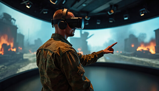 Soldier in military uniform uses VR headset for combat simulation training. Experiencing virtual reality tactical game with interactive visualization of war scenario. African American man learns war